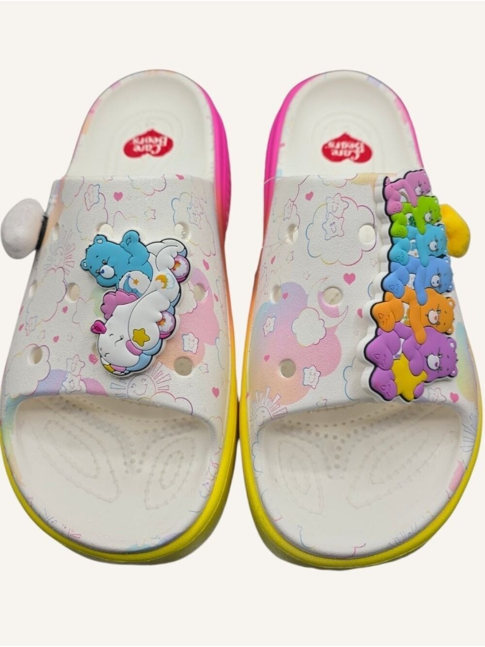 NWT Crocs x Care Bears Stomp Slides W9 Rainbow Platform Charms